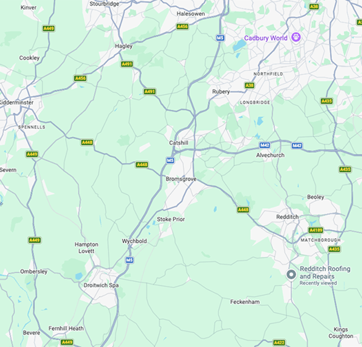 Map of Redditch Roofing coverage across Bromsgrove
