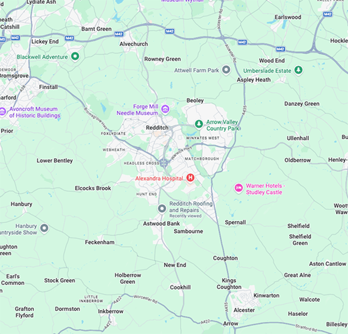 Map showing roofing coverage across Redditch, Bromsgrove, Studley, Alvechurch and Worcester