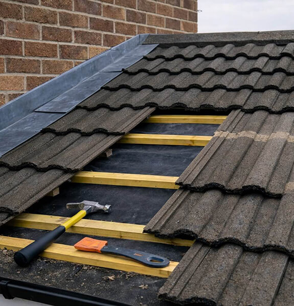 Roof repair being carried out on a tiled roof in Redditch